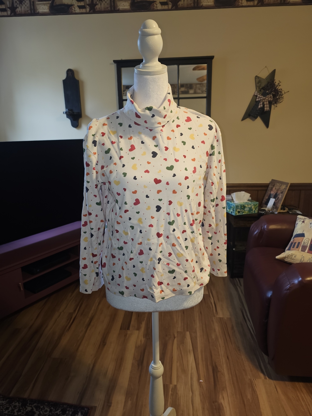 Vintage 90's Talbots Cream Heart-Print Turtleneck Top